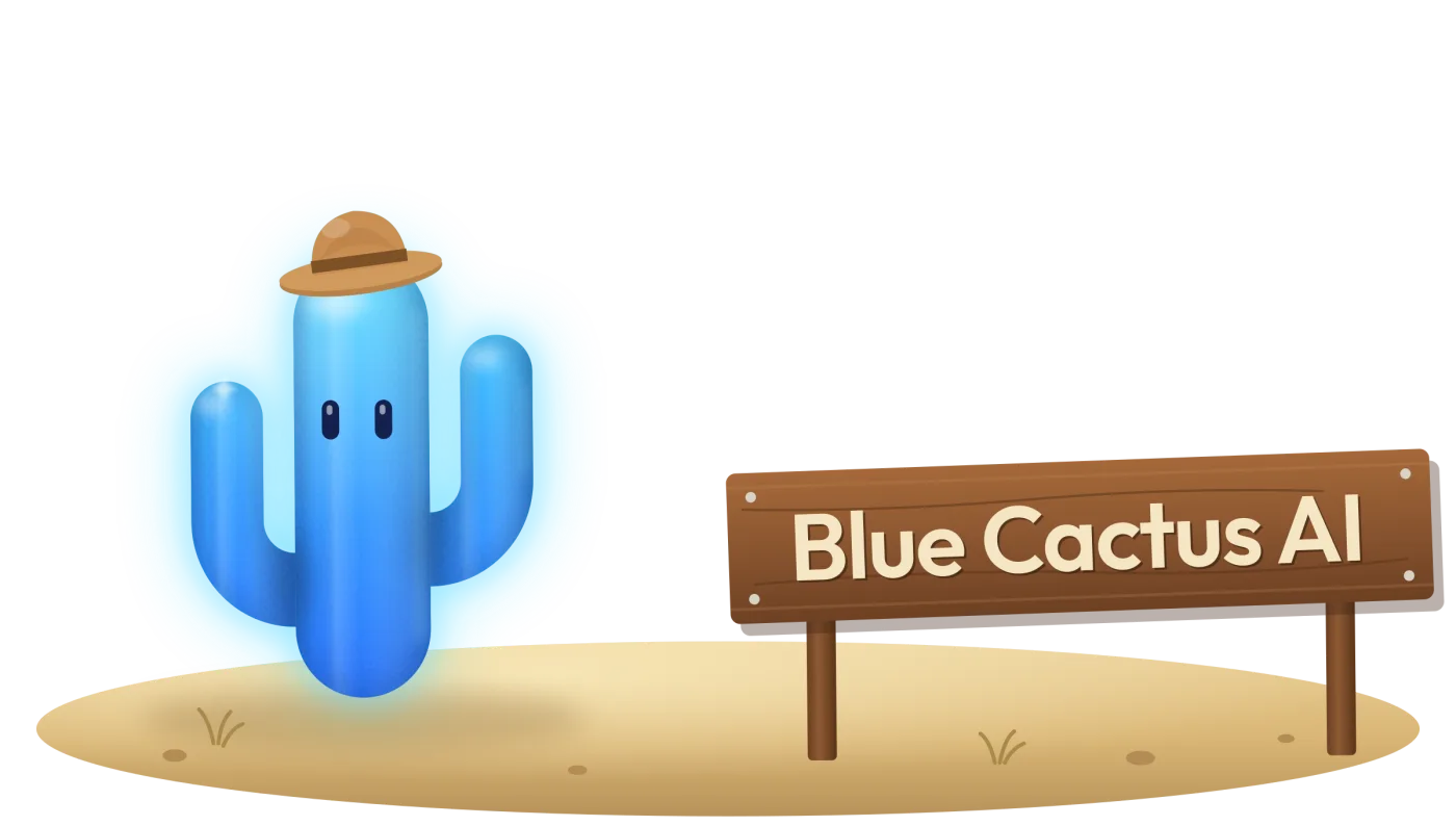 The Blue Cactus mascot in a cowboy hat beside a wooden Blue Cactus AI sign